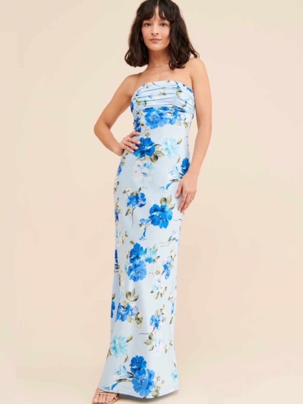 Strapless White Maxi Dress with Blue Floral Print
